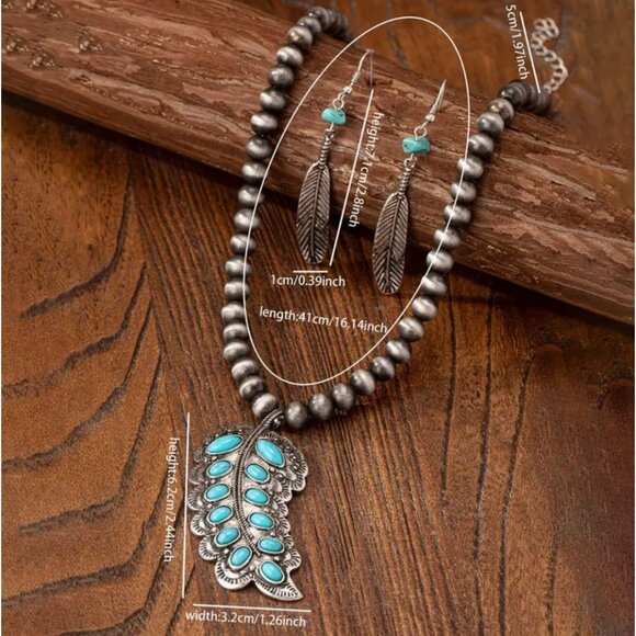 Imitation Turquoise & Silver Tone Feather Necklace & Earrings Set - Picture 2 of 2